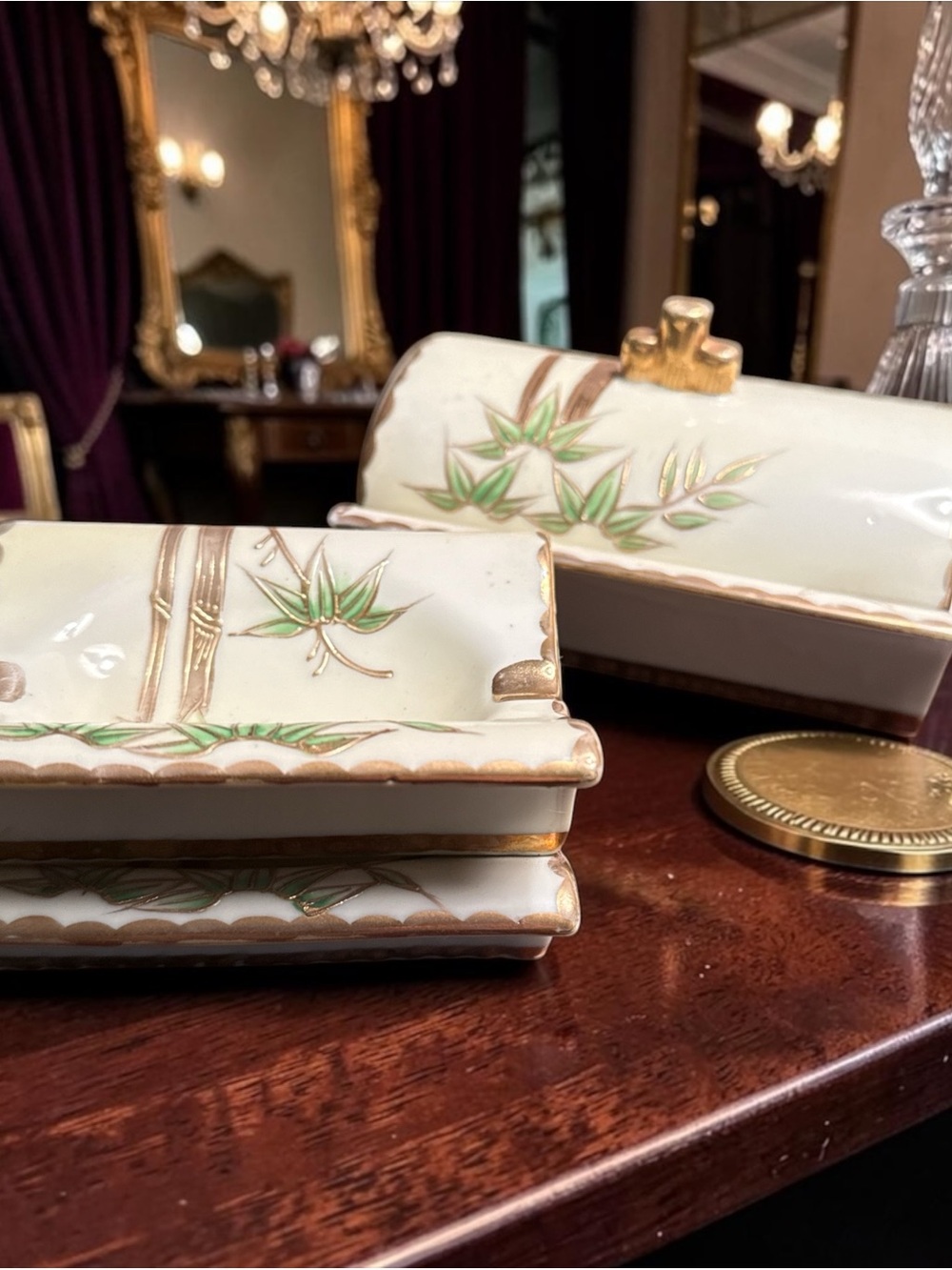 Vintage UCAGCO Japan Porcelain Cigarette Box & Ashtrays Set Bamboo Gold Mid Cent